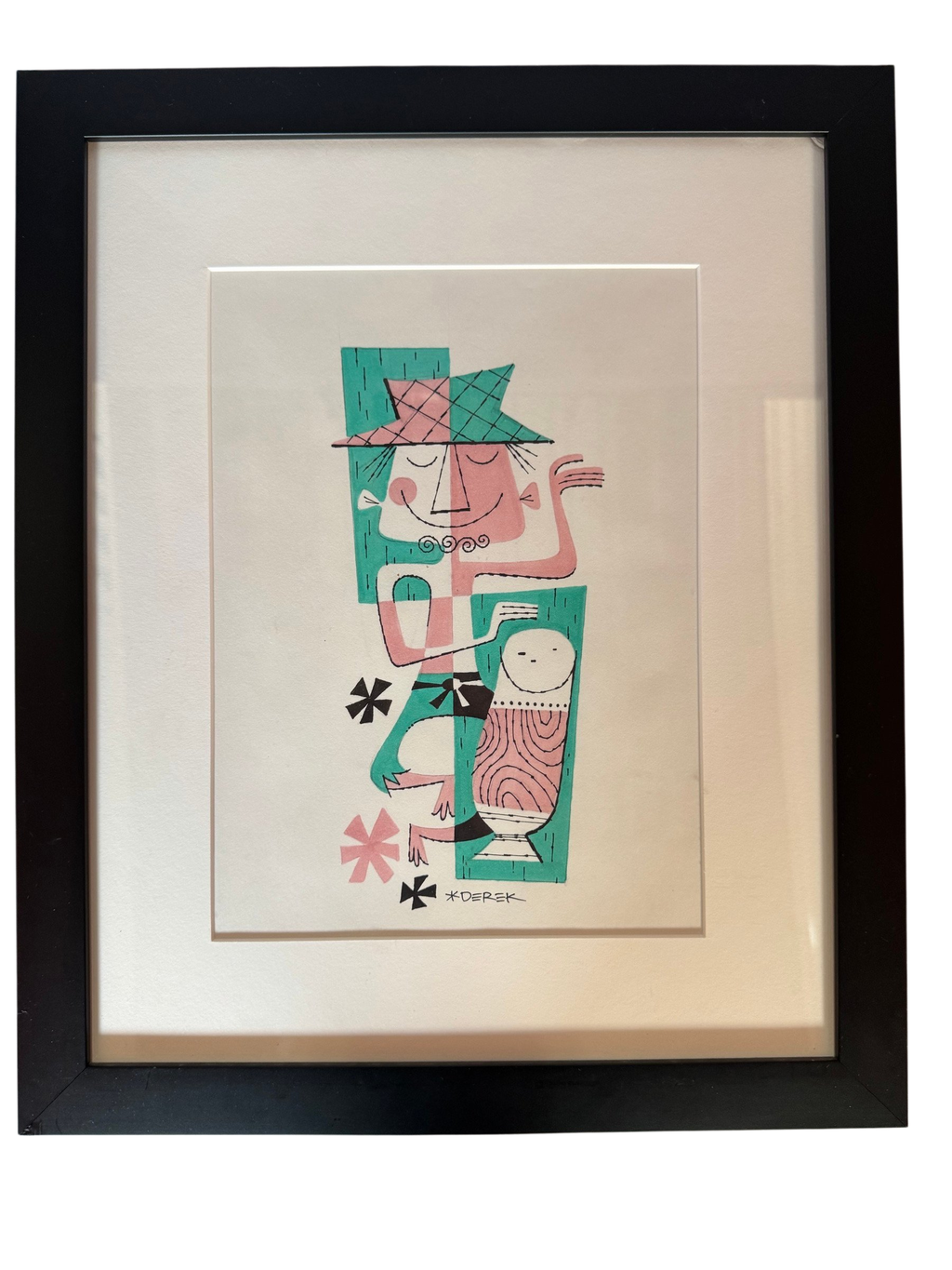 Framed teal and pink tiki figures print, straight-on