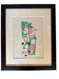 Framed teal and pink tiki figures print, straight-on