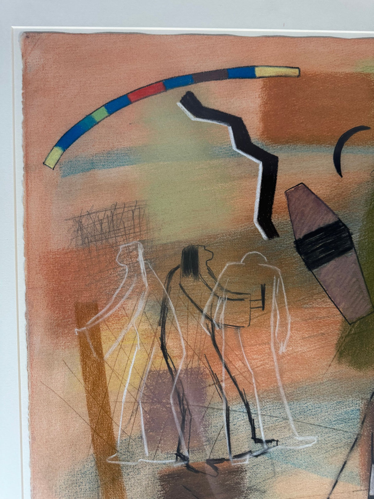 Original Southwestern Abstract Pastel, Figures Animals Rainbow Arc, Framed 29x37