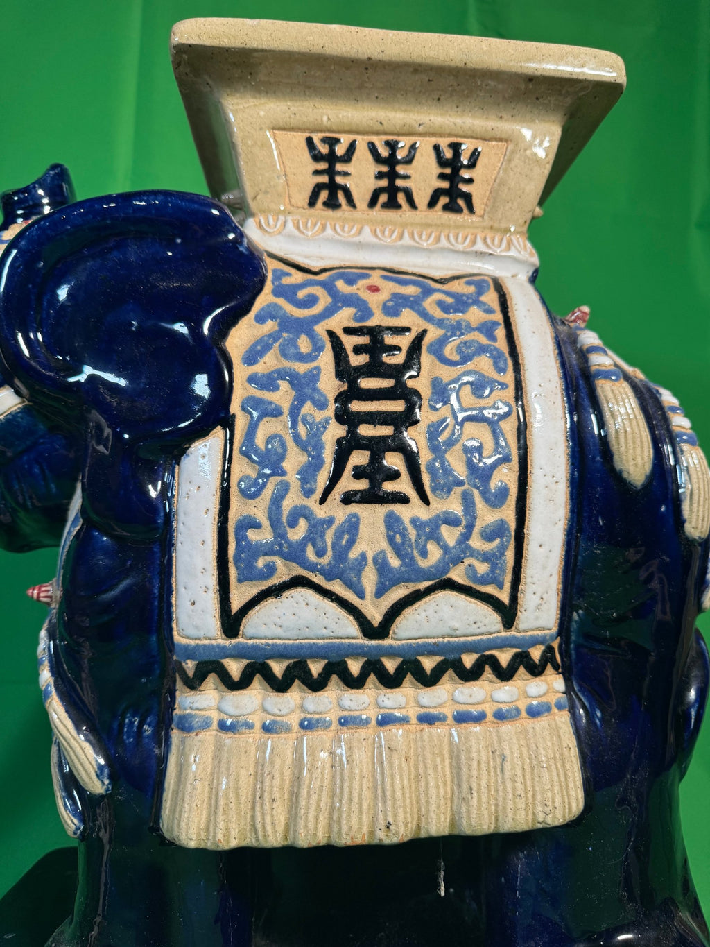 Large Cobalt Blue Chinese Ceramic Elephant Garden Seat Plant Stand Shou Bats