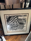 Original Signed Linocut Print Cain 1982 Ed 3/13 Abstract Checkered Framed 24in