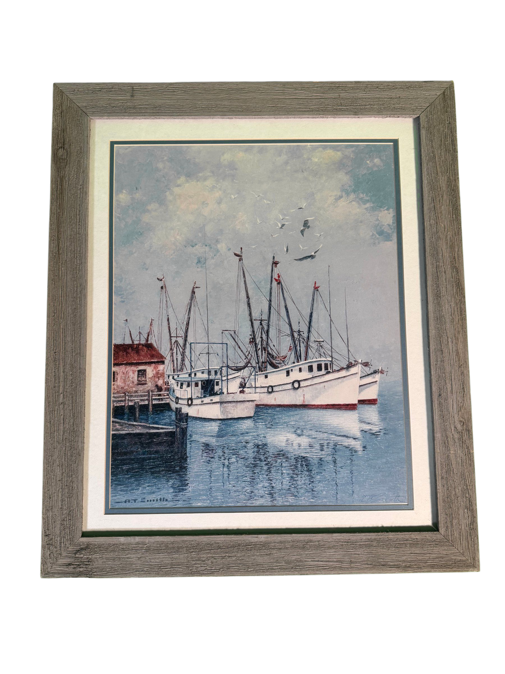 Shrimp Boats Harbor Print Reproduction Signed A.T. Smith Grey Barnwood Frame