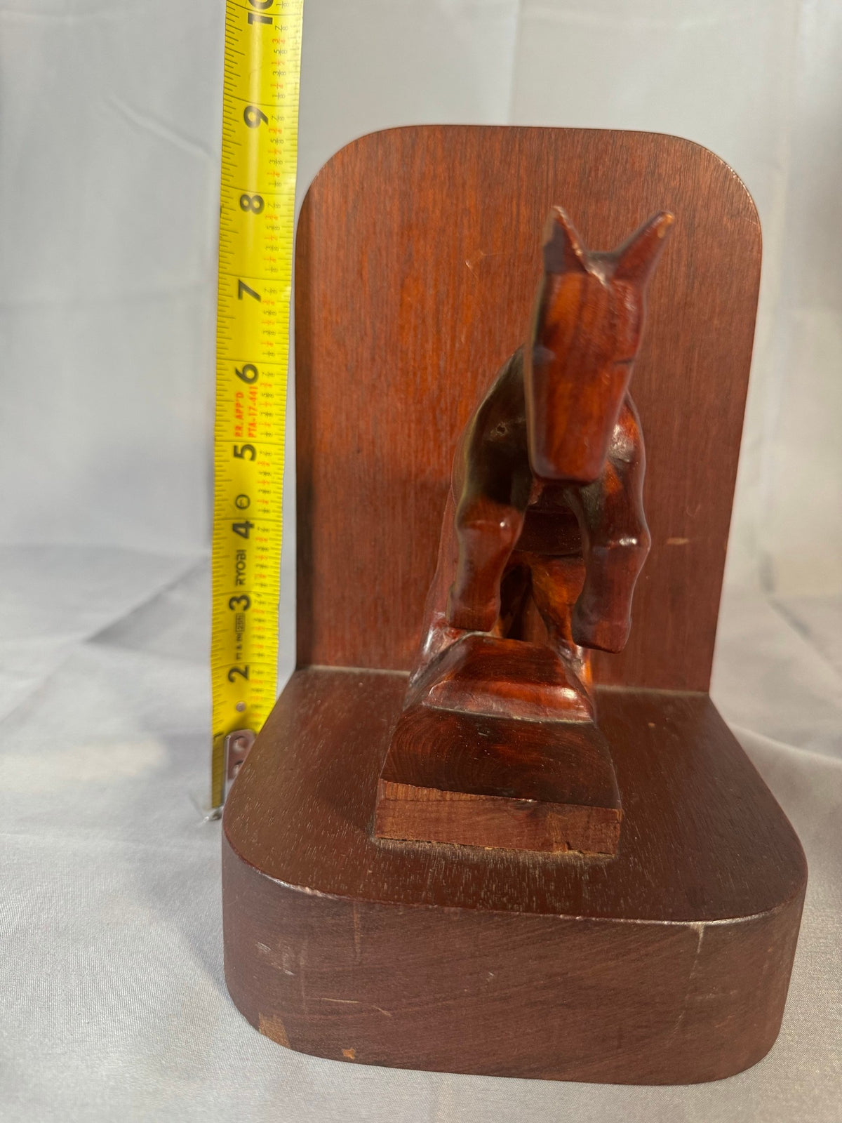 Vintage Hand Carved Wood Rearing Horse Bookend, Single, Mahogany Tone Base