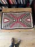 Navajo Handwoven Rug Grey Ground Stepped Diamond Pattern Red Black Vintage