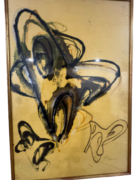 Abstract ink and watercolor painting on yellow paper, framed in gold frame, full view of composition with dynamic black lines and washes