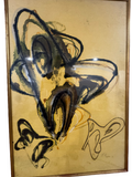 Abstract ink and watercolor painting on yellow paper, framed in gold frame, full view of composition with dynamic black lines and washes
