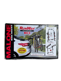 Malone RunWay BC3 bike carrier box front, showing product name, black and red branding, scenic mountain road background