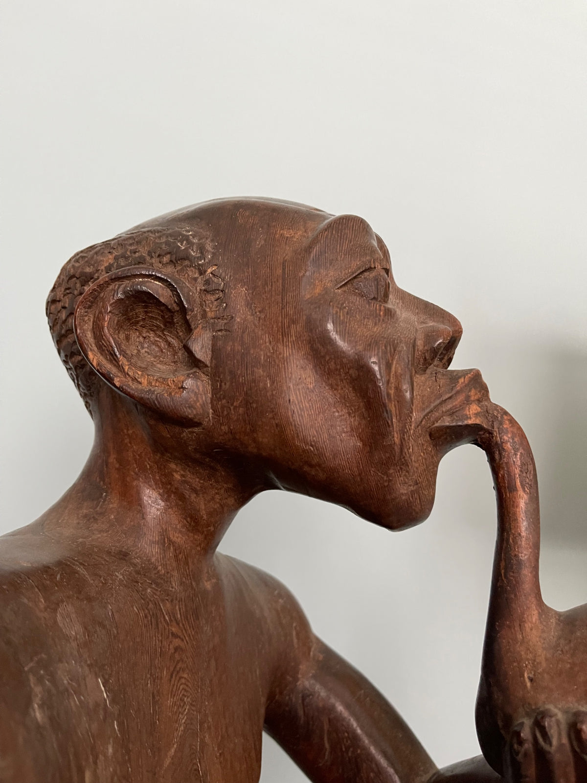 Profile view of carved wooden figure showing side of face, pointed chin, hand raised to horn