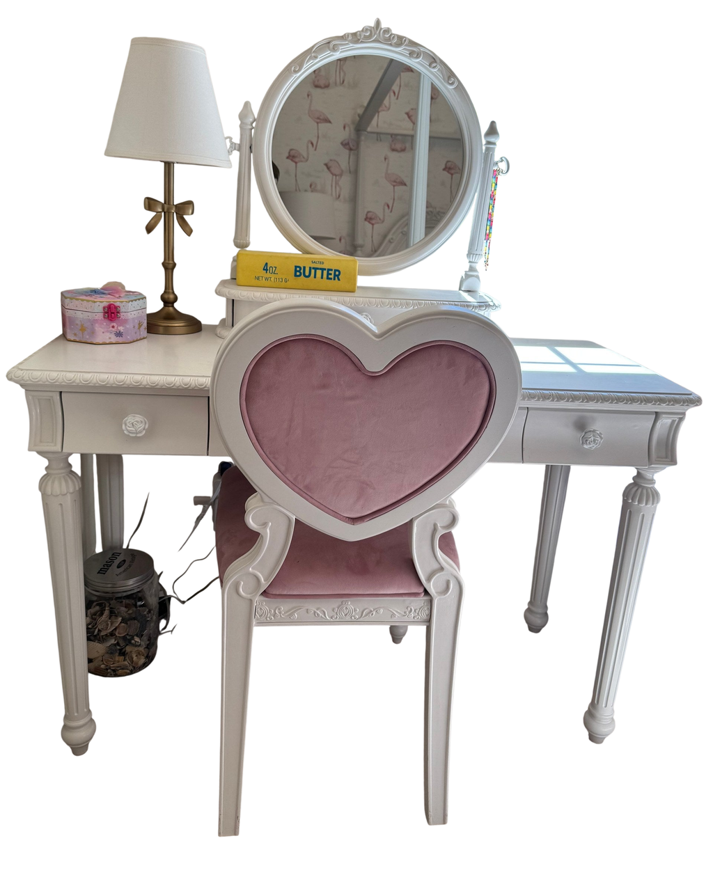 Sparkle White vanity desk with round mirror and pink velvet heart-back chair