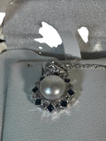 Sterling Silver Freshwater Pearl Pendant Blue Spinel Halo 18in Chain