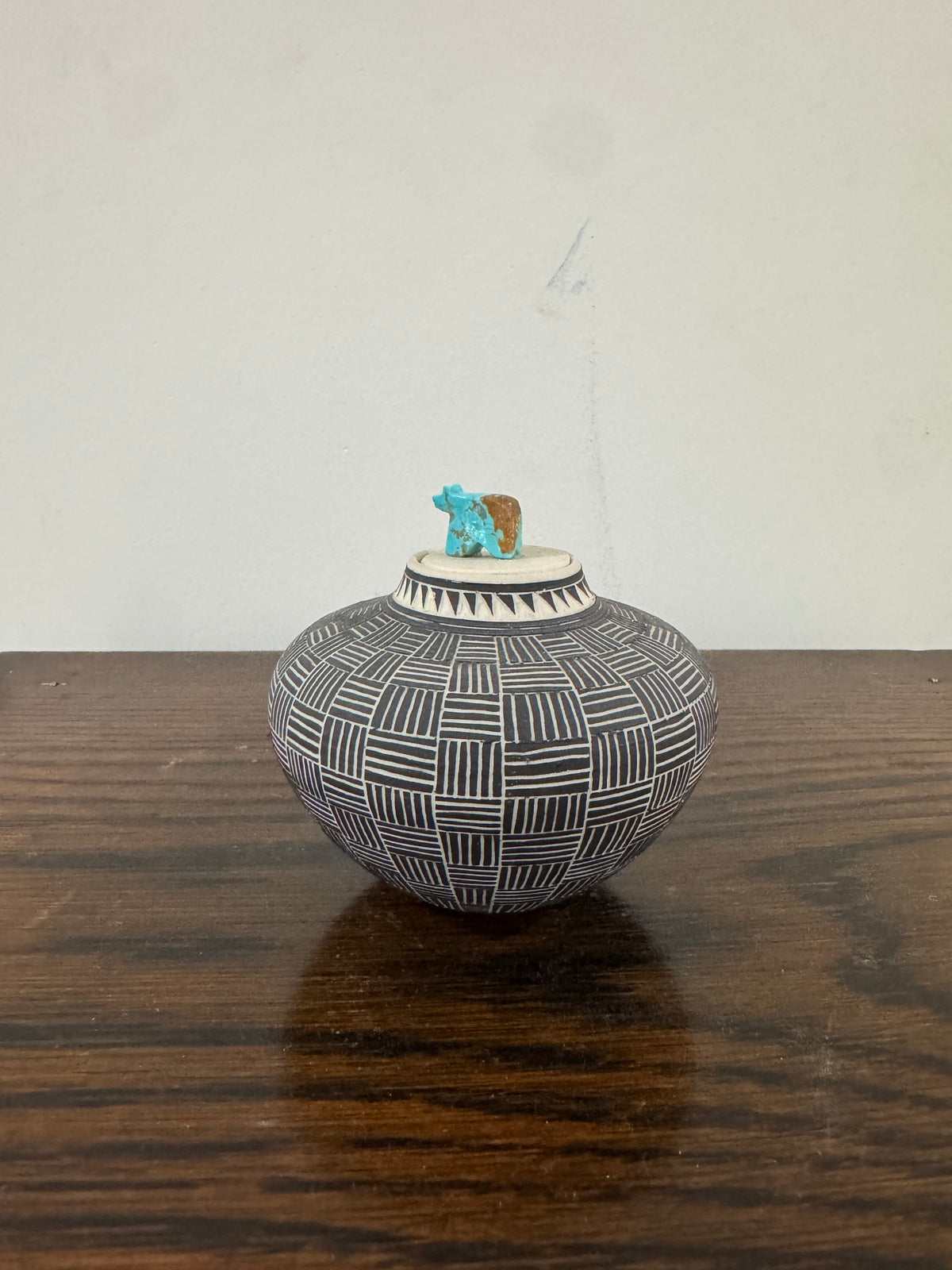 Acoma Pueblo Seed Pot Fine Line Black on White Turquoise Bird Fetish Signed