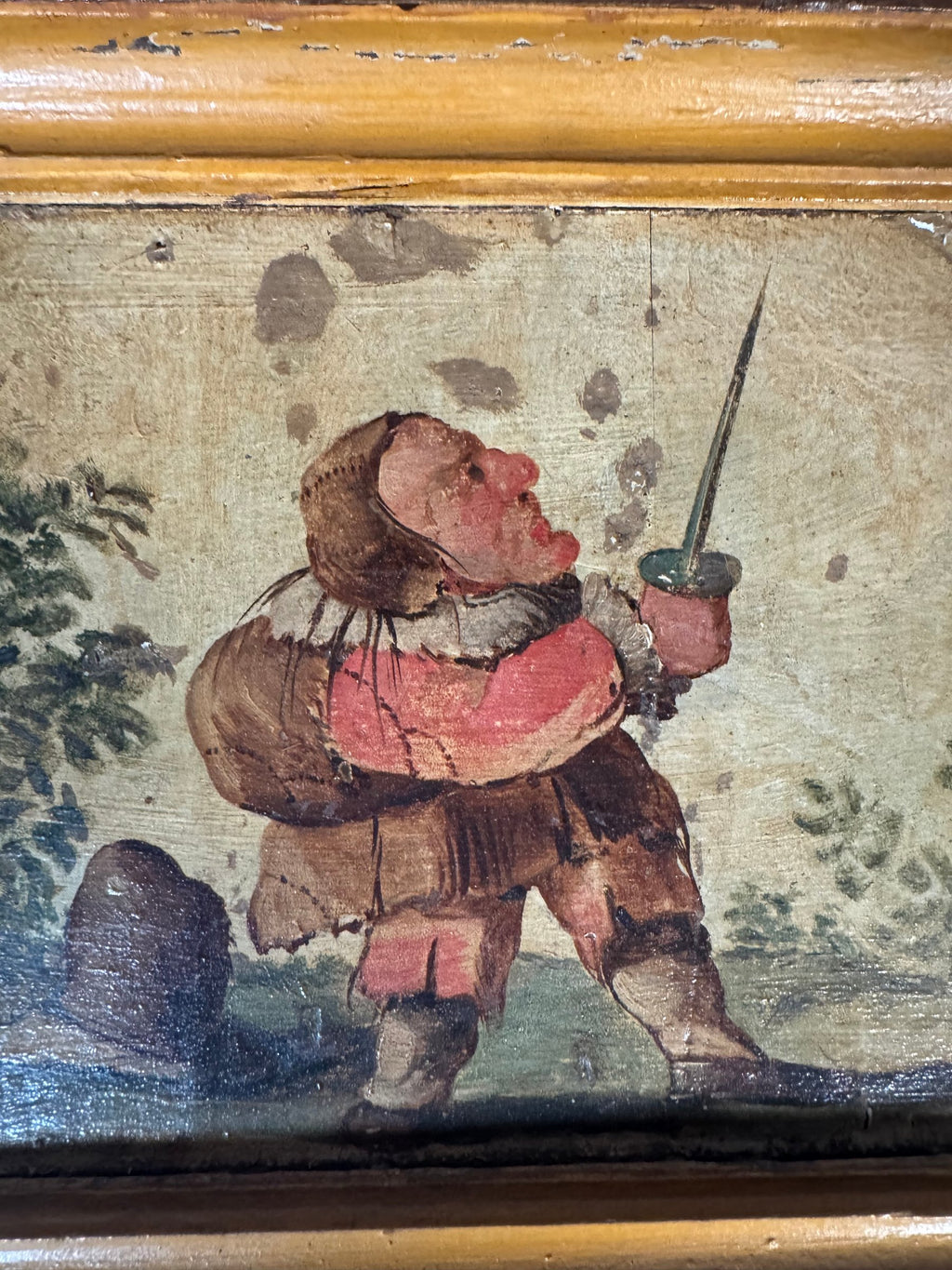 Grotesque Dwarf Oil on Panel Painting After Callot Gobbi Type, Deep Wood Frame