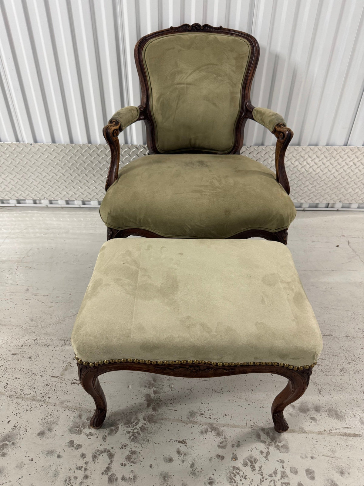 Victorian Carved Walnut Armchair with Matching Ottoman