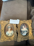 Cameo Creation Style Gilt Framed Oval Portrait Miniatures Pair 1940s-60s Good