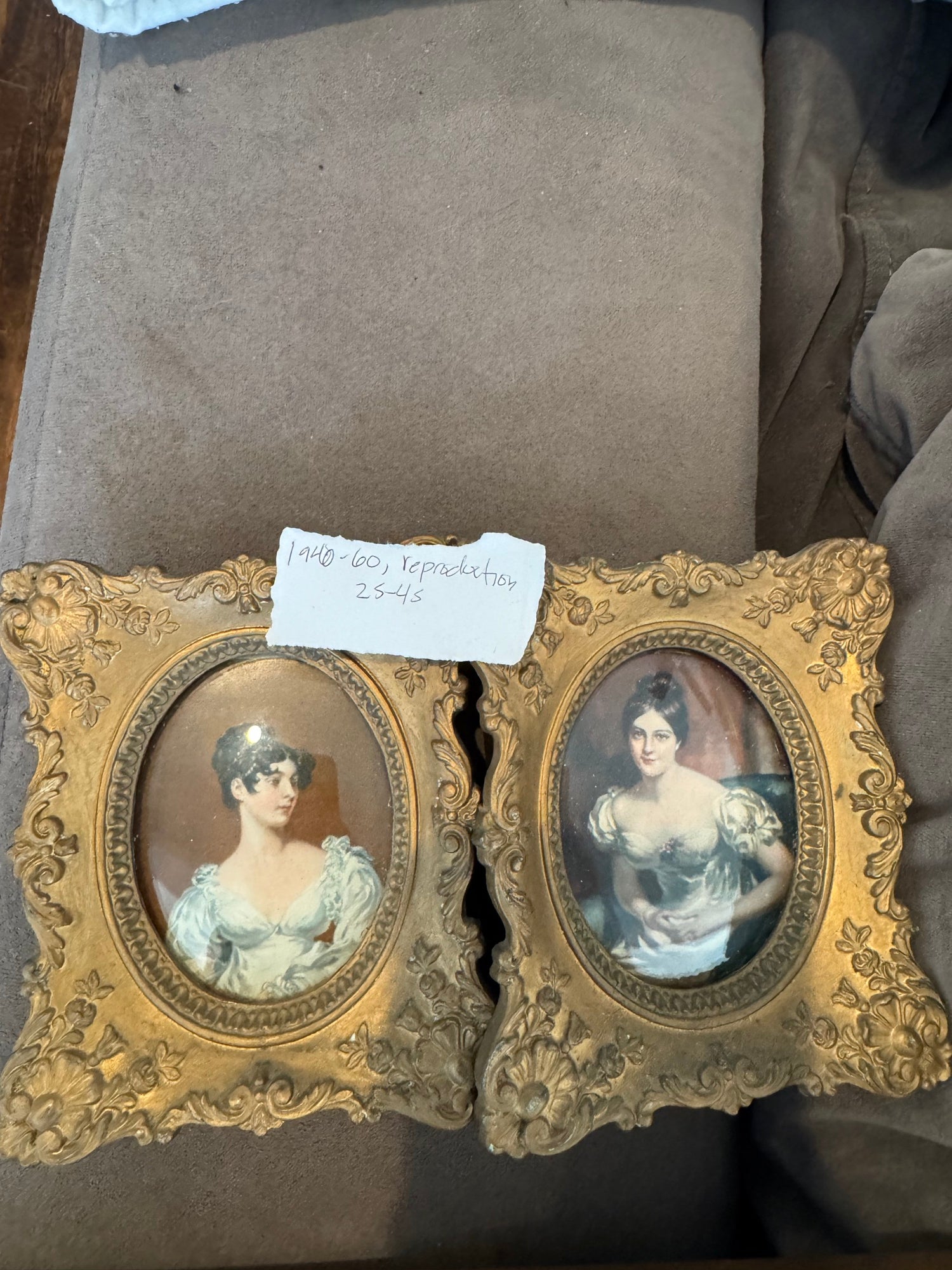 Cameo Creation Style Gilt Framed Oval Portrait Miniatures Pair 1940s-60s Good