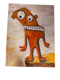 Orange big-eyed creature impasto painting on canvas, straight-on
