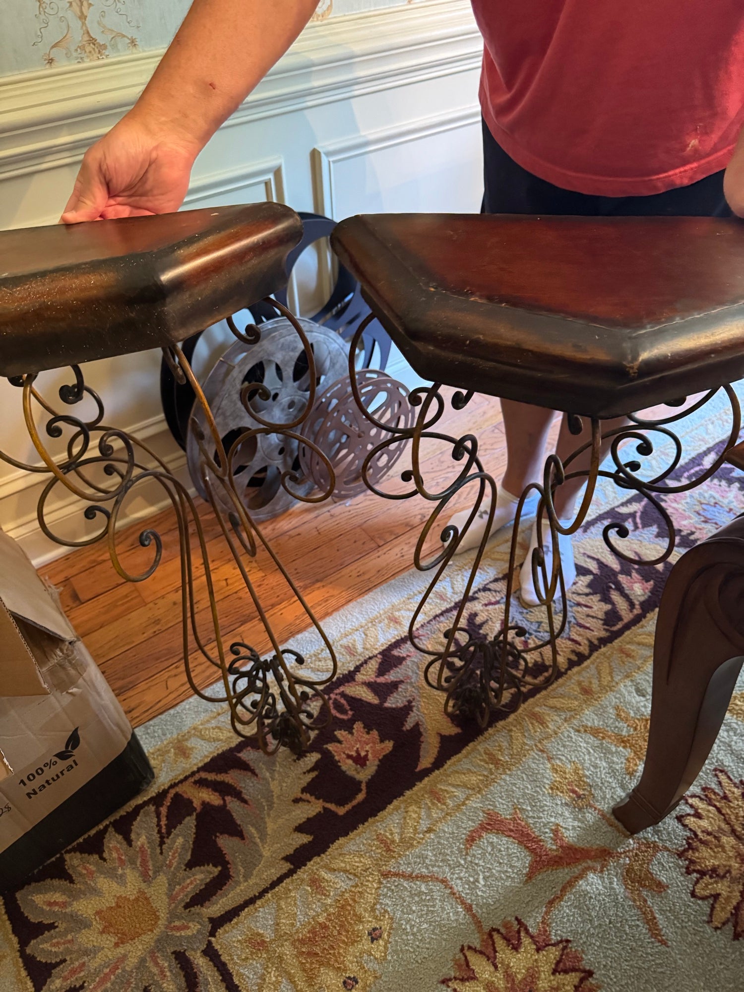 Hekman Scrolled Wrought Iron Wedge Console Side Tables Pair Cherry Wood Good