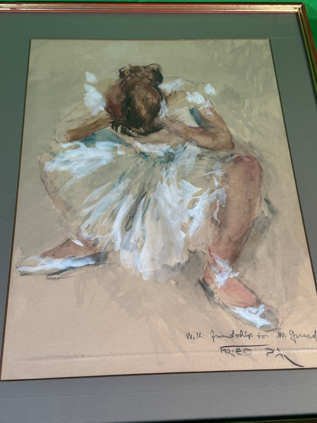 Seated Ballerina Watercolor Gouache Chalk on Buff Paper Signed Fried Pal Framed