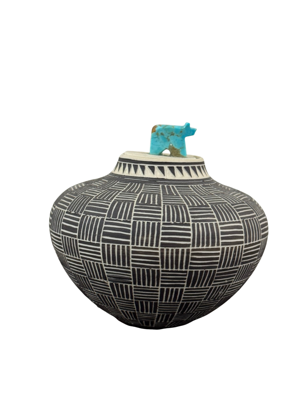 Acoma Pueblo Seed Pot Fine Line Black on White Turquoise Bird Fetish Signed
