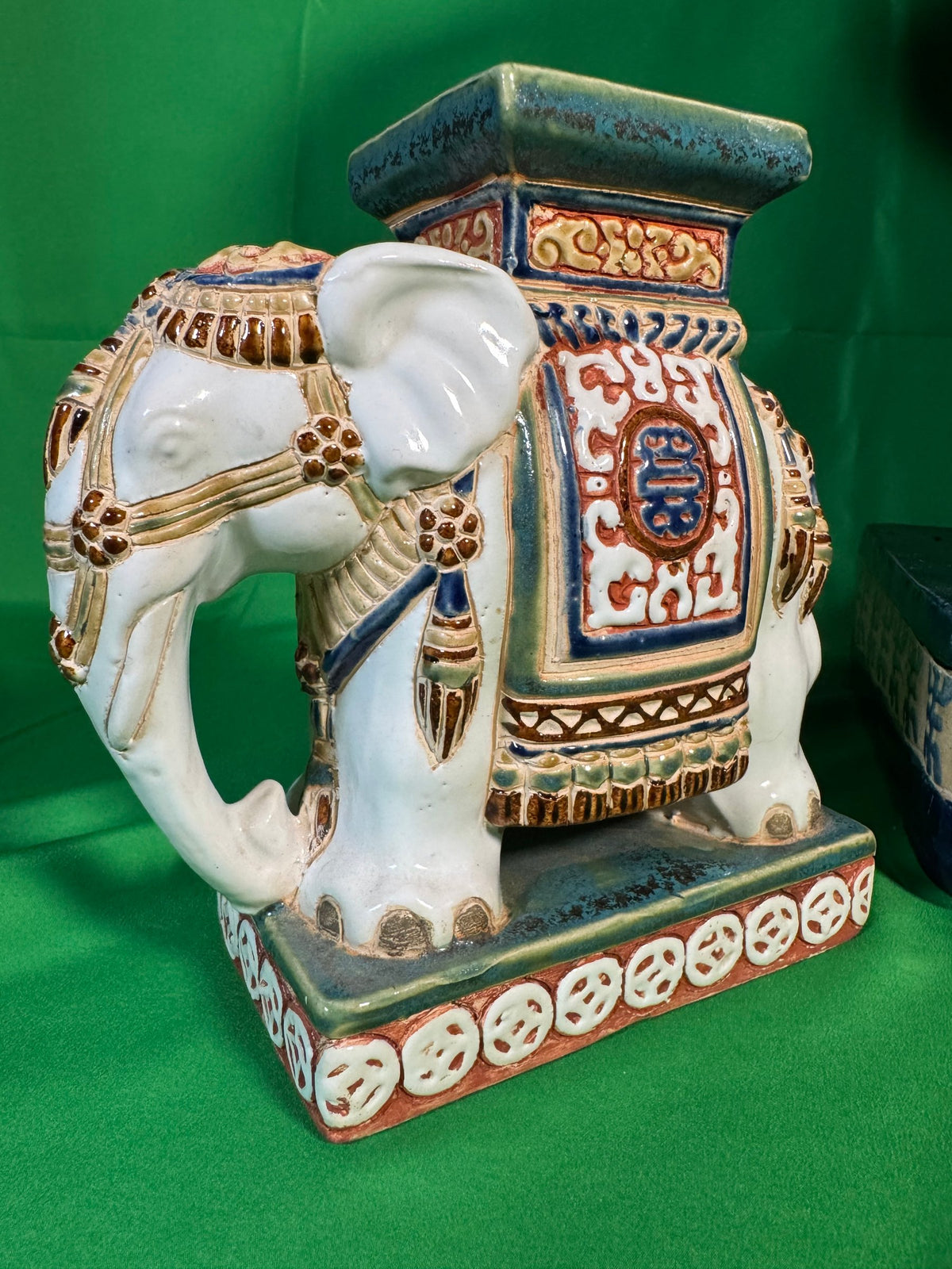 Pair Polychrome Ceramic Elephant Plant Stands Shou Medallion Mid-20th Century