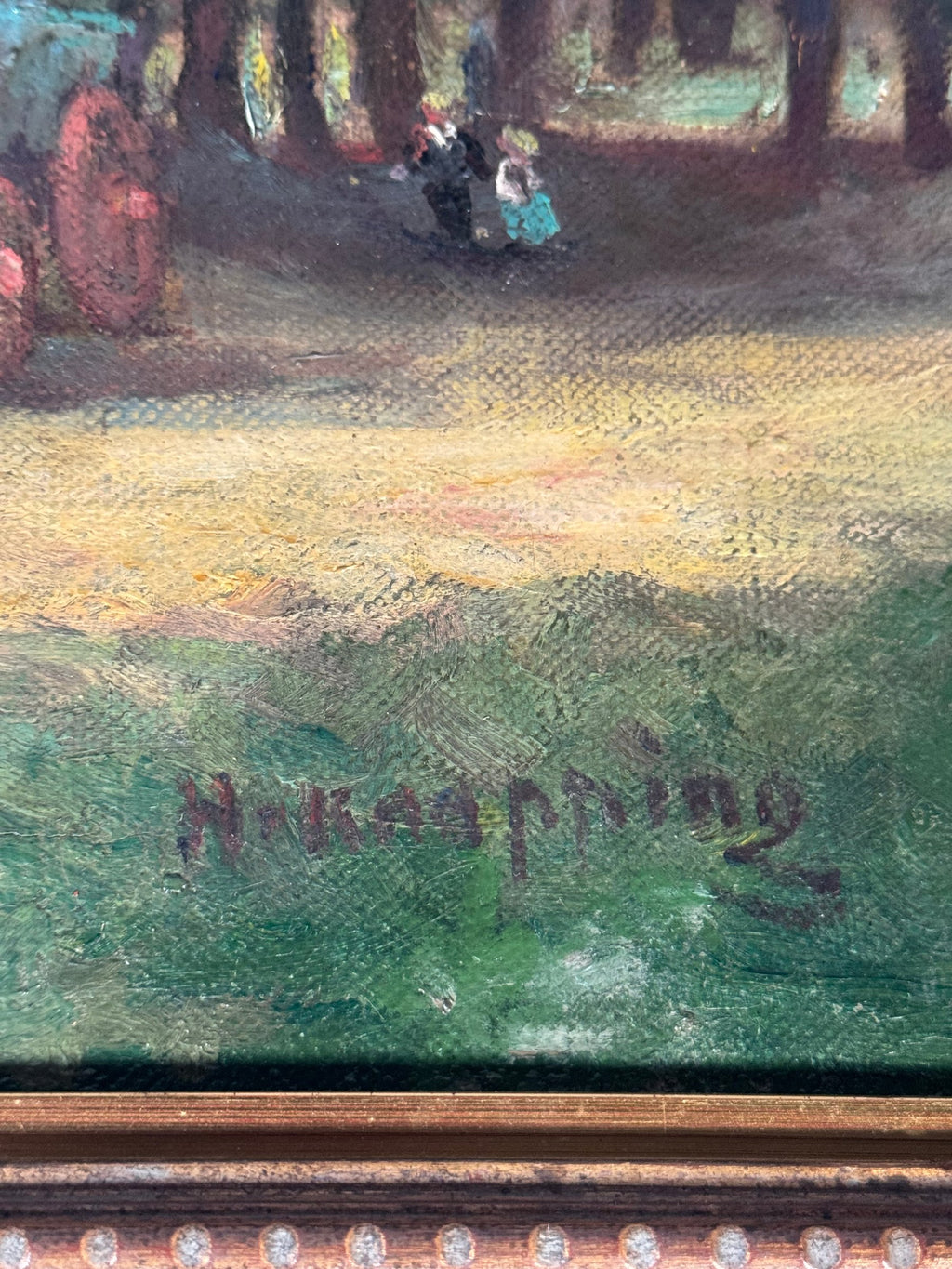 Vintage Farmyard Oil Painting on Canvas Blue Wagons Geese Signed H Knapping