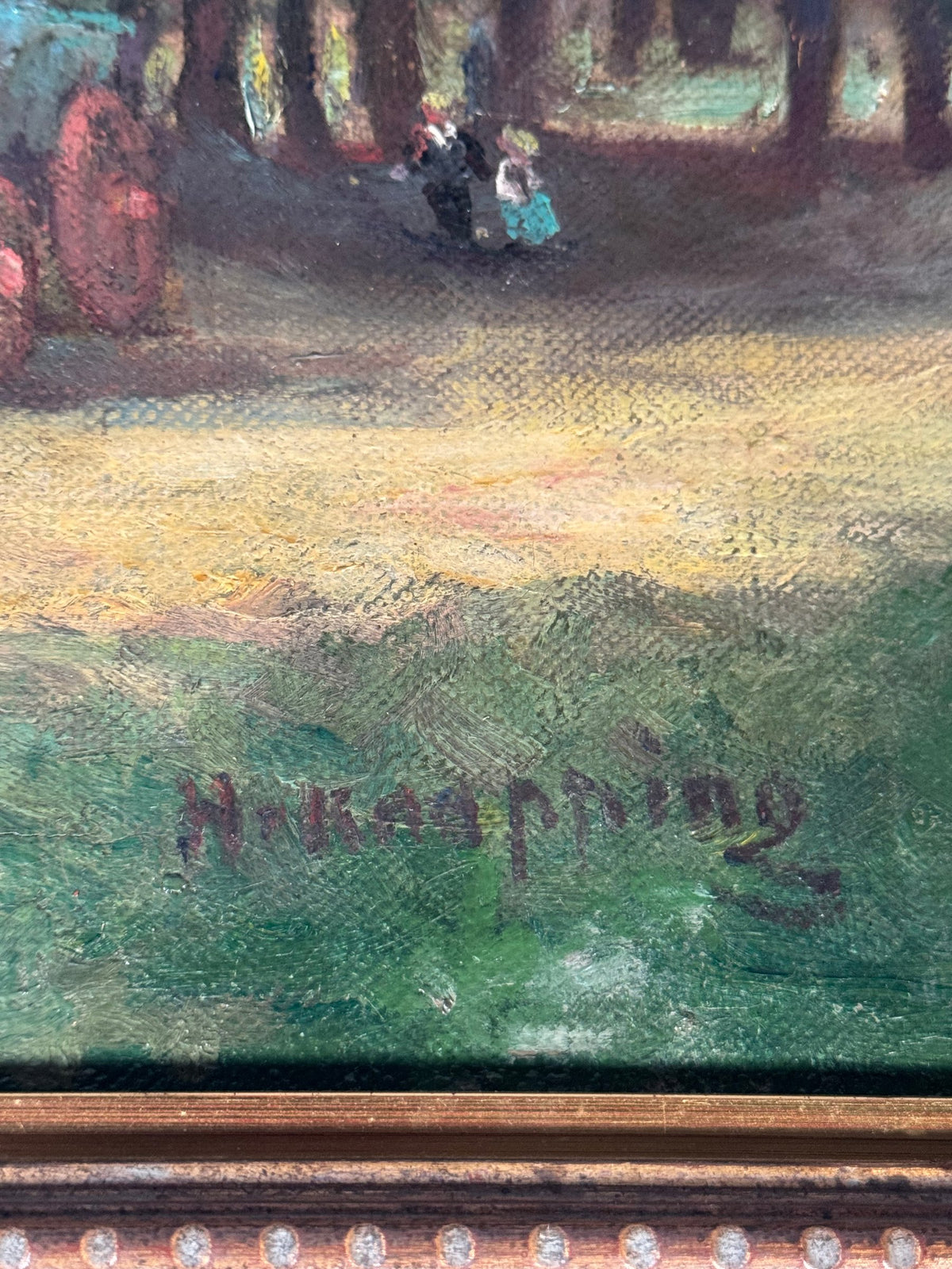 Vintage Farmyard Oil Painting on Canvas Blue Wagons Geese Signed H Knapping