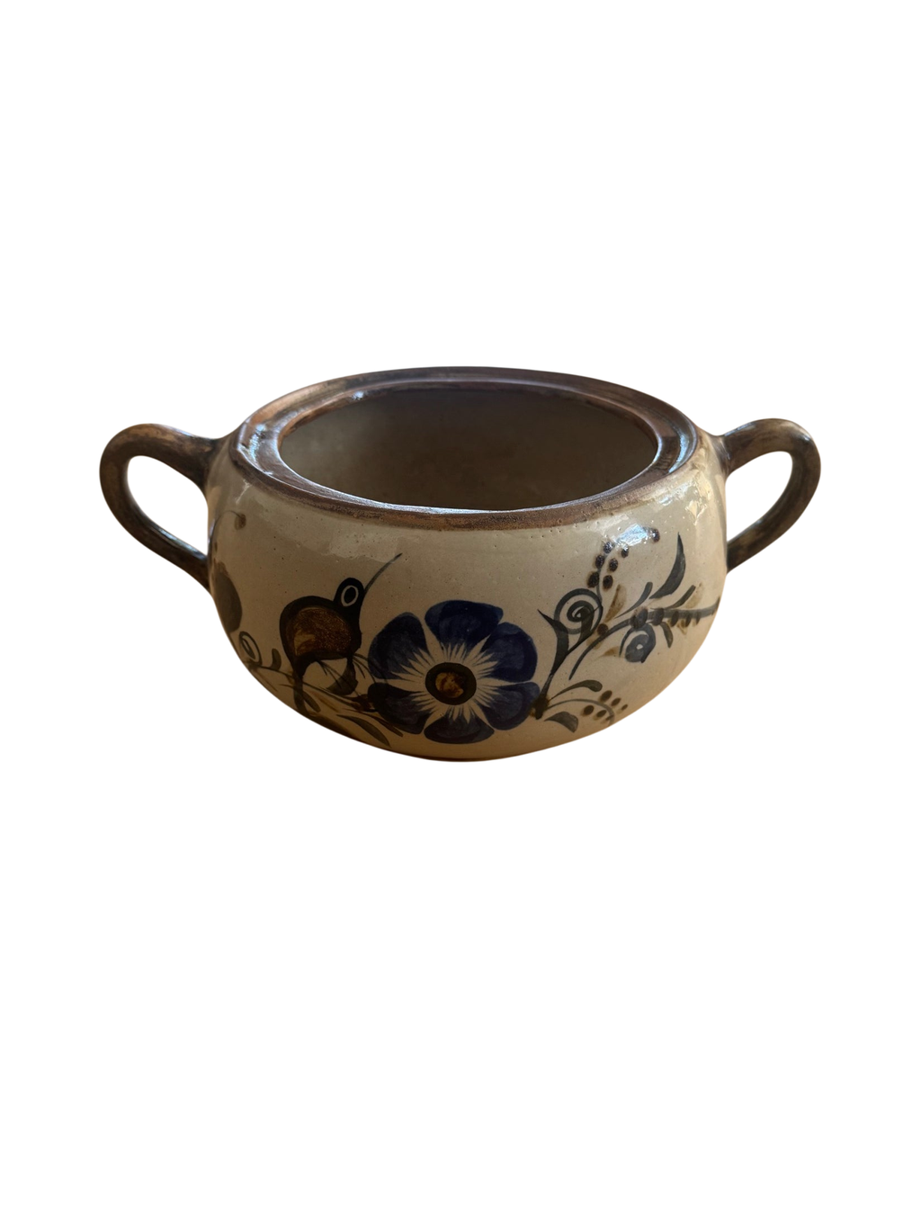 Tonala Mexican Burnished Pottery Two Handled Vessel Bird Floral Signed MEX