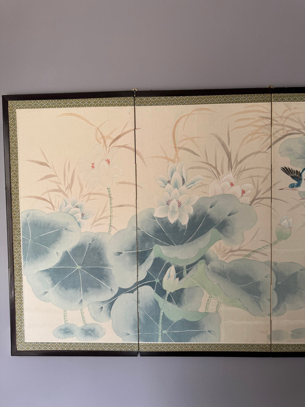 Japanese Four Panel Byobu Folding Screen Hand Painted Lotus Pond and Kingfishers 70 x 34 in