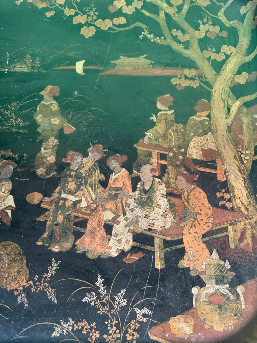 19th Century Japanned Tray Japanese Teahouse Garden Scene Gilt on Black Lacquer