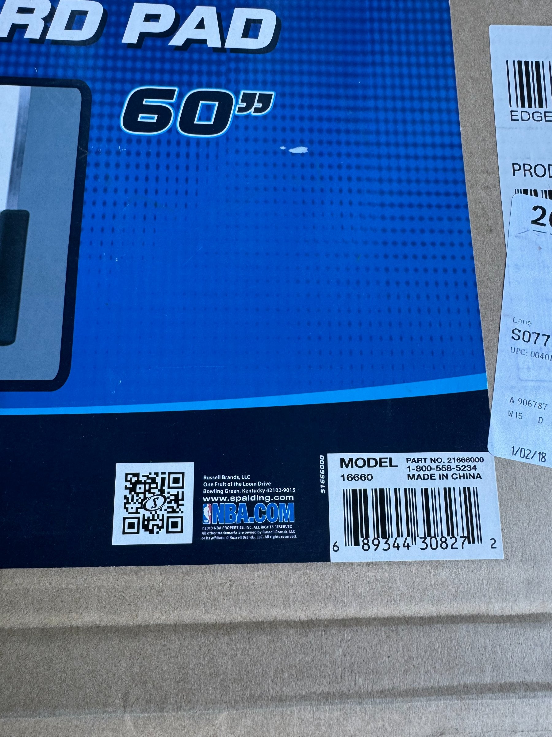 Close-up of product box showing '60 inch' text and model number 16660, with barcode and manufacturing information label on blue background