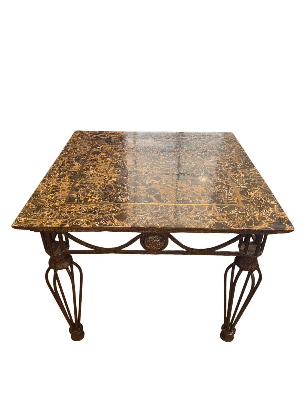 Full view of marble top occasional table with ornate iron legs and woven basket shelf, positioned in room with hardwood floor