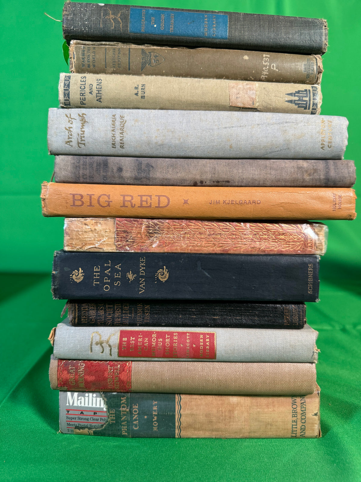 Vintage hardcovers stacked flat on green cloth with spines facing out, including Arch of Triumph by Erich Maria Remarque, Big Red by Jim Kjelgaard, The Opal Sea by John C. Van Dyke and The Phantom Canoe