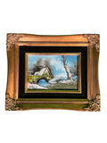 Small Framed Oil Painting Winter Landscape Stone Bridge Birch Signed Millet