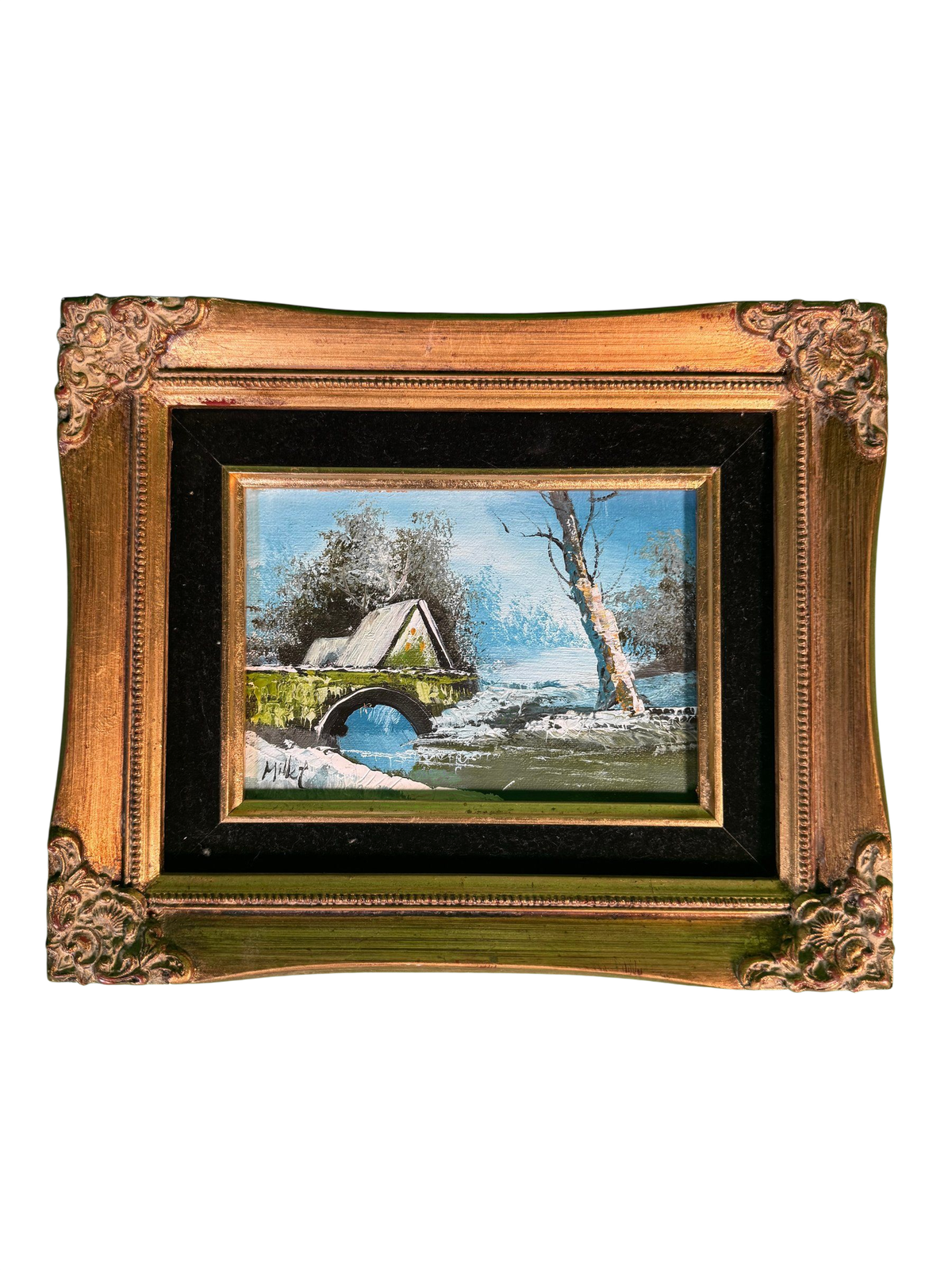 Small Framed Oil Painting Winter Landscape Stone Bridge Birch Signed Millet