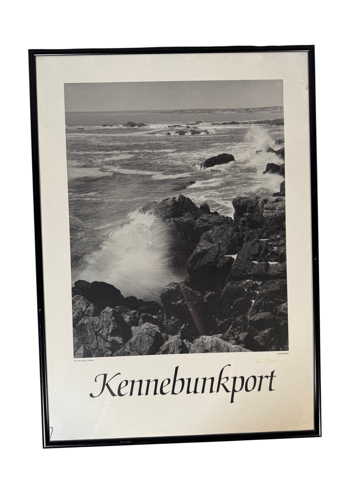Kennebunkport Maine B&W Surf on Rocks Photo Poster, Neal Chaves, Framed