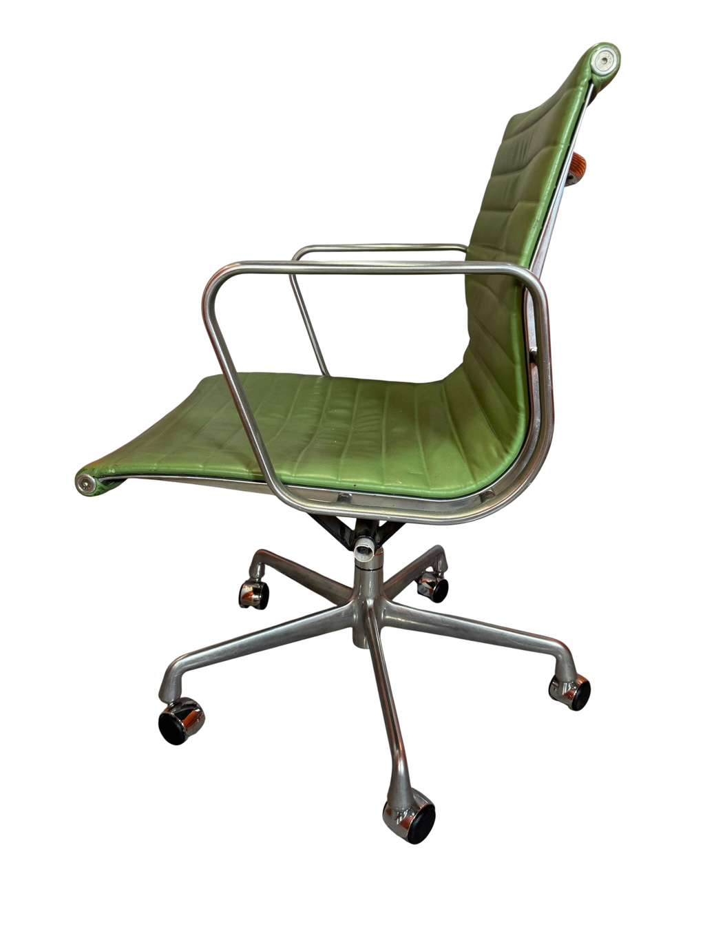 Green office chair side view showing arm and base