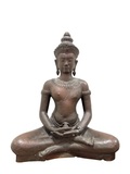 Khmer-style bronze seated Buddha in meditation pose, front view, crowned headdress, ornate necklace