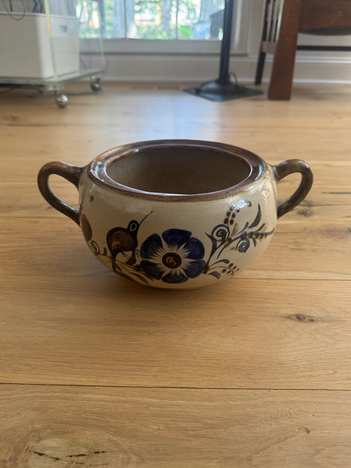 Tonala Mexican Burnished Pottery Two Handled Vessel Bird Floral Signed MEX