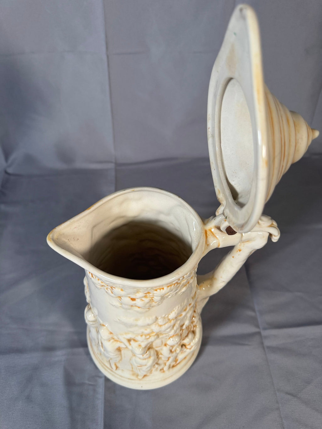 Vintage Atlantic Mold Ceramic Lidded Stein Pitcher, Tavern Scene, Twig Handle