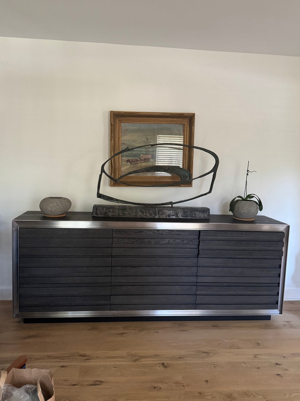 Modern Slatted Wood Coffee Table Charcoal Finish Brushed Metal Frame Contemporary