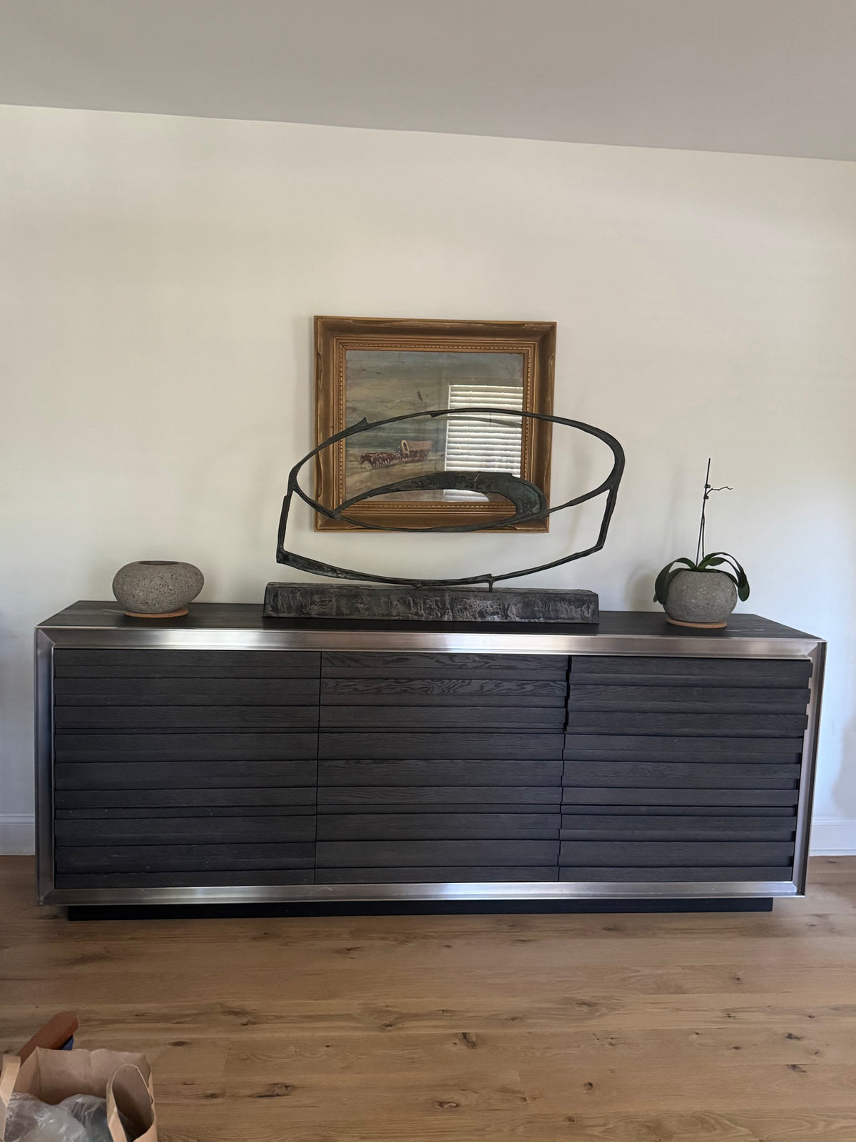 Modern Slatted Wood Coffee Table Charcoal Finish Brushed Metal Frame Contemporary
