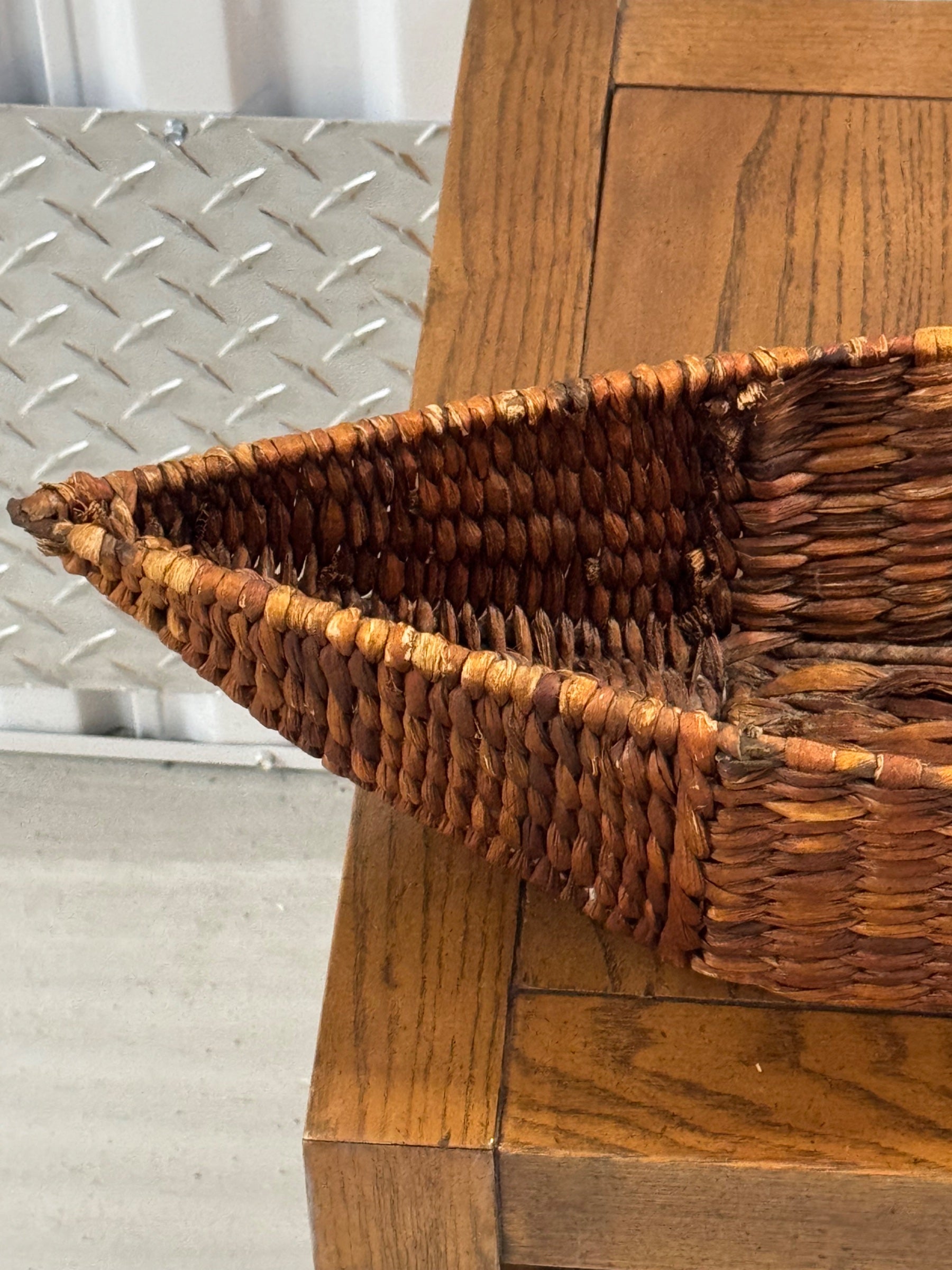 Close-up detail of woven wicker texture and natural fiber weaving pattern