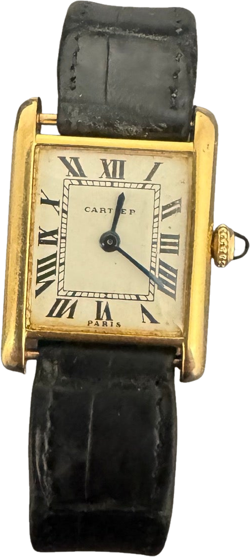 Jewelry & Watches at VaultXL: Cartier Tank wristwatch, Roman dial, black leather strap